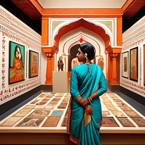 Home 11 ** A vibrant and detailed illustration showcasing various career paths related to Indian art and culture. Include a museum curator examining artifacts, a tour guide leading a group through a historical site, and a digital artist creating modern art inspired by traditional Indian motifs. The overall feel should be energetic and optimistic, highlighting the diverse opportunities available.
**