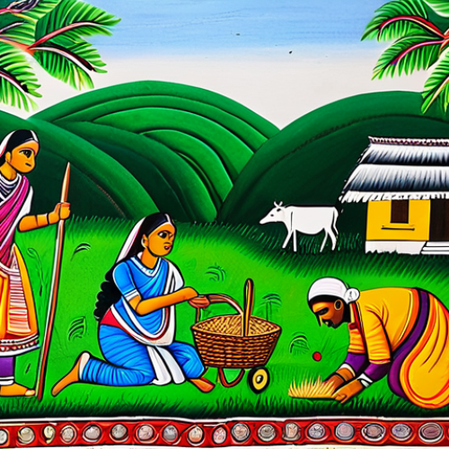 Home 6 **
"A vibrant Madhubani painting depicting a scene from daily village life in India, fully clothed figures engaged in farming and family activities, bright colors, traditional motifs, outdoor setting, daytime, safe for work, appropriate content, fully clothed, family-friendly, perfect anatomy, correct proportions, natural pose, high quality illustration."
**
