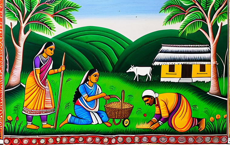 **

"A vibrant Madhubani painting depicting a scene from daily village life in India, fully clothed figures engaged in farming and family activities, bright colors, traditional motifs, outdoor setting, daytime, safe for work, appropriate content, fully clothed, family-friendly, perfect anatomy, correct proportions, natural pose, high quality illustration."

**
