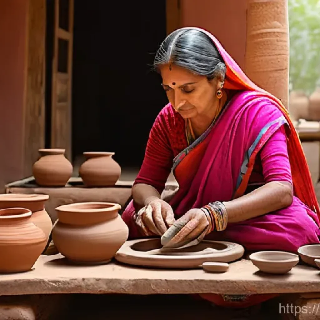 문화예술사와 문화관광의 융합 - **"A vibrant cultural workshop featuring an Indian artisan meticulously crafting traditional pottery...