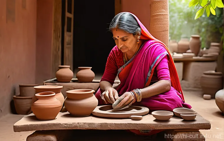 문화예술사와 문화관광의 융합 - **"A vibrant cultural workshop featuring an Indian artisan meticulously crafting traditional pottery...