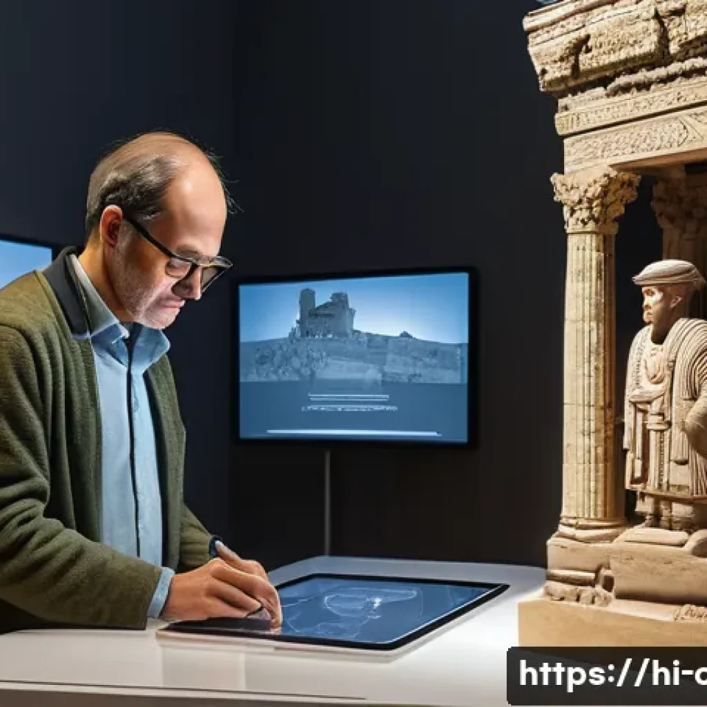 문화예술사 실무에서 자주 사용하는 소프트웨어 - **Prompt 1: Digital Preservation of Ancient Heritage**
    "A bright, high-tech research lab where a...