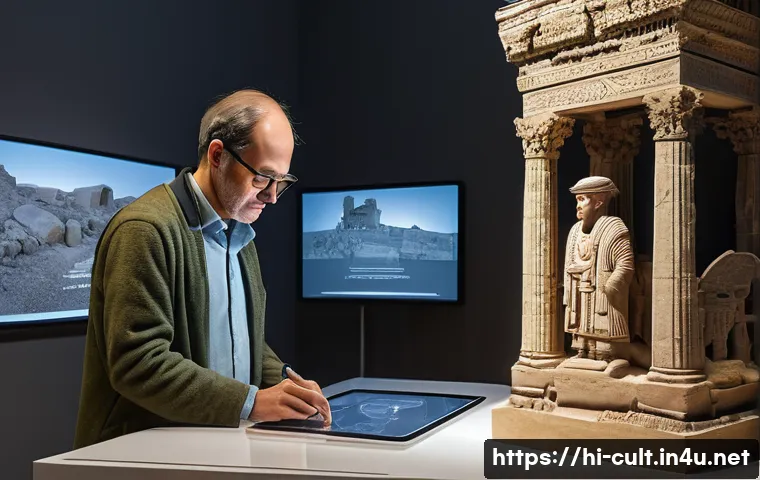 문화예술사 실무에서 자주 사용하는 소프트웨어 - **Prompt 1: Digital Preservation of Ancient Heritage**
    "A bright, high-tech research lab where a...