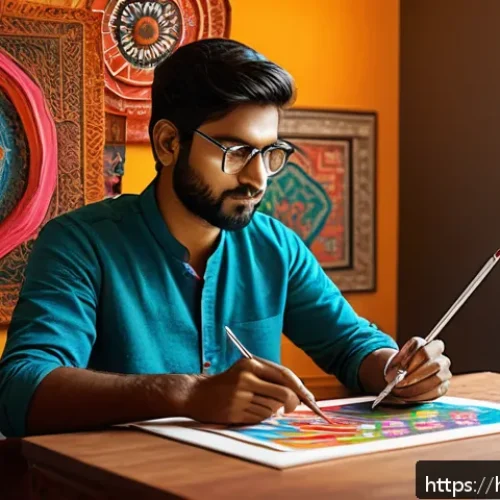 Home 31 문화예술사 관련 직무의 필수 스킬 - A vibrant digital art studio scene featuring a young Indian cultural artist working on a colorful tr...