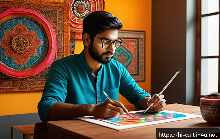 문화예술사 관련 직무의 필수 스킬 - A vibrant digital art studio scene featuring a young Indian cultural artist working on a colorful tr...