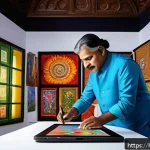 Home 18 문화예술사 직무에서의 커리어 멘토링 - A creative Indian artist in traditional attire working in a vibrant studio filled with colorful pain...