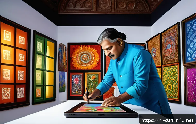문화예술사 직무에서의 커리어 멘토링 - A creative Indian artist in traditional attire working in a vibrant studio filled with colorful pain...