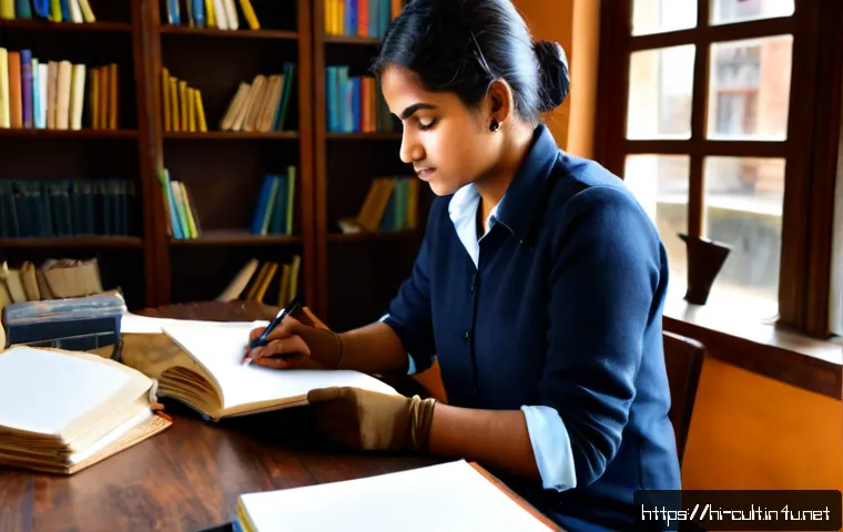 Home 17 문화예술사로 일하기 위한 준비사항 - Photorealistic Indian art history student preparing for a cultural heritage career, seated at a clea...